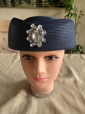 Classic Navy Pillbox Hat with Crystal Floral Accent